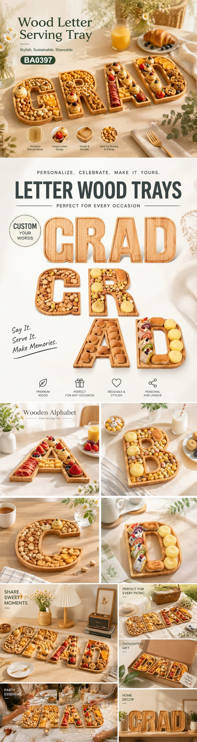 Custom Letters Wooden Snack Plate for Party Outdoor & Indoor