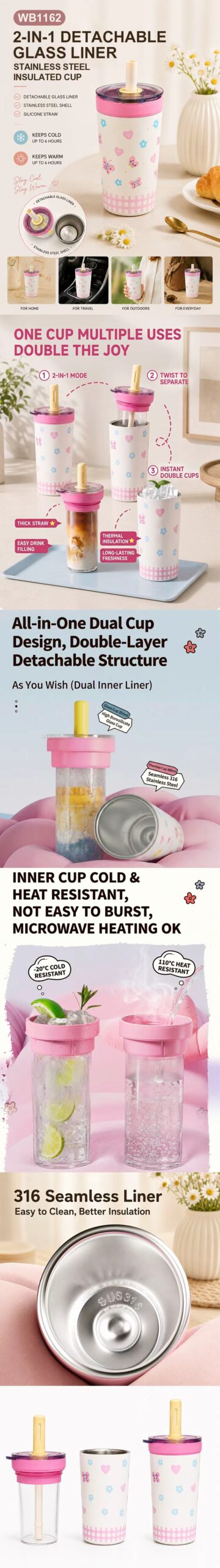2 in 1 Glass liner stainless steel insulated cup