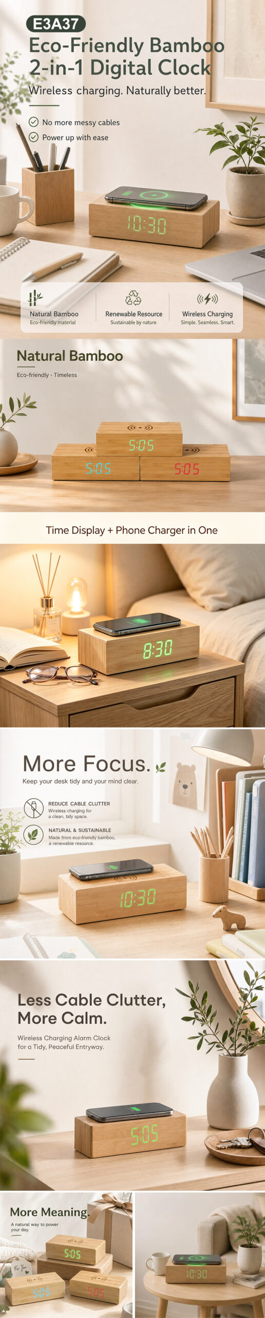 Eco-friendy bamboo 2 in 1 digital clock wireless charger