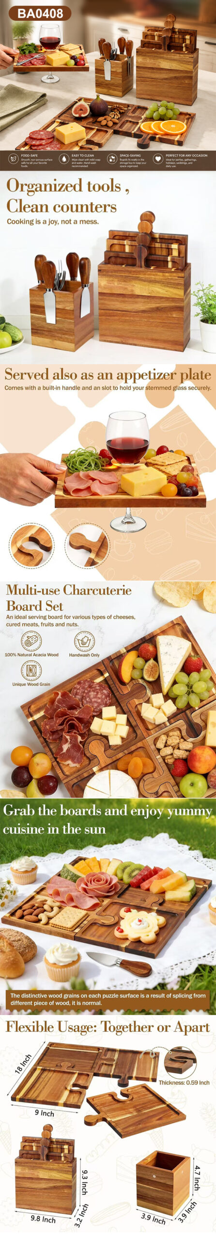 Acacia Wood Puzzle Charcuterie Board Set