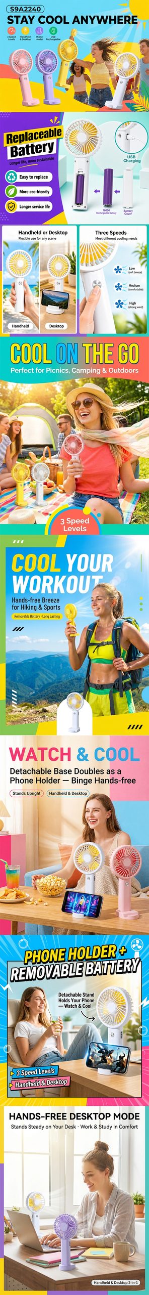 Handheld &Desktop fan with remobable  battery